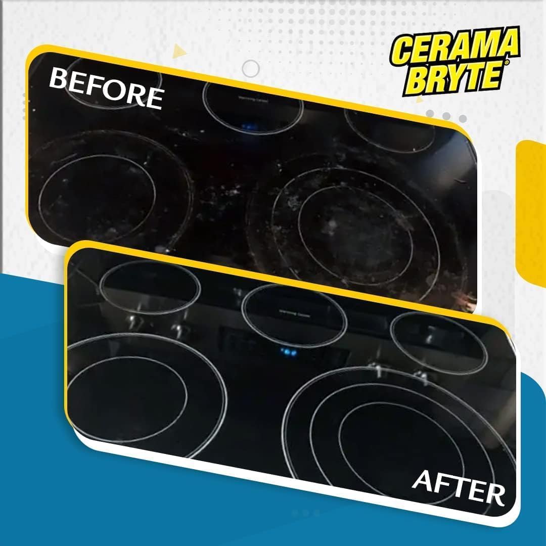 Cerama Bryte - Cooktop Cleaning Kit - Includes 10 oz. Bottle of Cerama Bryte Cooktop Cleaner, 2 Cleaning Pads, 1 POW-R Grip Pad Tool and 1 Scraper packed in Reusable Container, White (SYNCHKG114607)