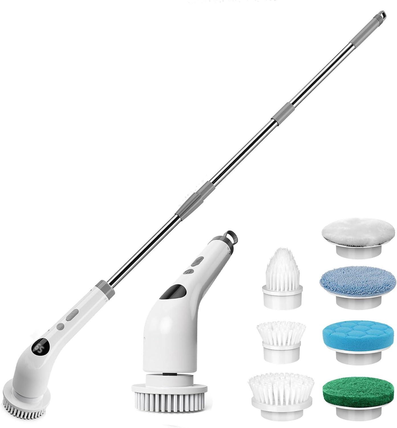 qimedo 5000mAh Battery Electric Spin Scrubber Q4, Handheld Scrubber for Cleaning with Display, Power Dish Scrubber with 5 Heads, Shower Cordless Cleaning Brush for Bathroom/Sink/Window