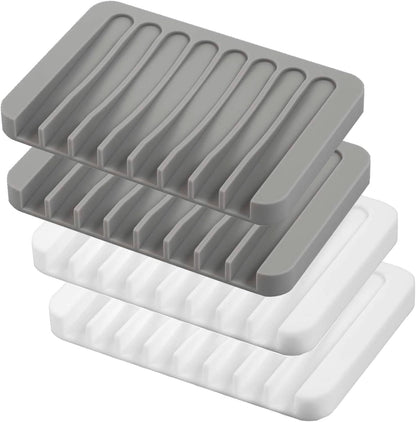 Self Draining Soap Dishes, 3 Pcs Silicone Soap Saver, Waterfall Drainer Soap Holder for Bathroom, Extend Soap Life, Keep Soap Bars Dry Clean & Easy Cleaning (White, Gray, Teal)