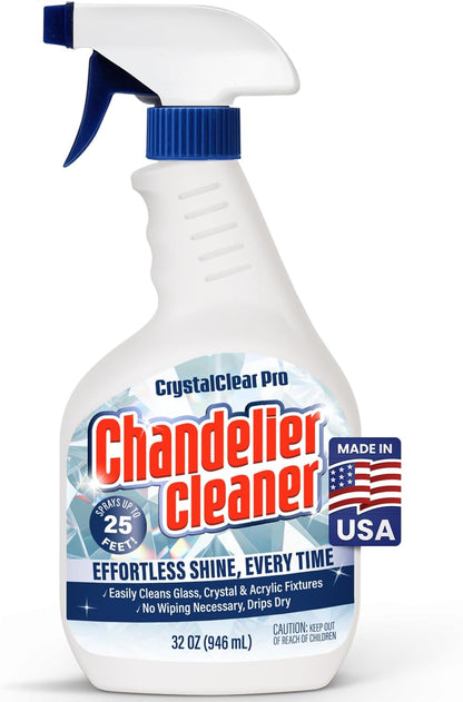 Chandelier Cleaner Spray, 32 oz — No Wipe Drip Dry Crystal Chandelier Cleaner for Glass, Crystal & Acrylic Light Fixtures, Streak-Free Shine, Sprays Up to 25 Ft, Fast Effortless Cleaning, Made in USA