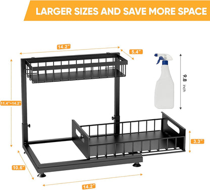 Saydear Under Sink Organizer Storage 2-Tier Premium Metal Pull-Out Kitchen Cabinet Organizer with Sliding Drawer, Height Adjustable, Heavy Duty for Kitchen & Bathroom Organizers 2 Pack Black