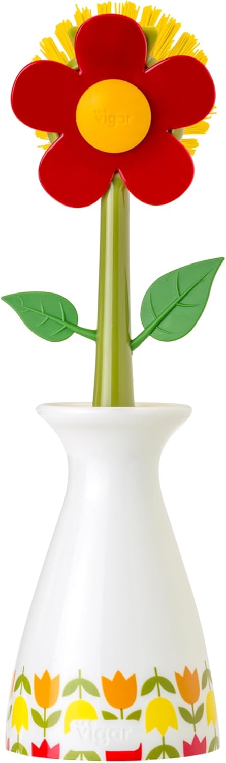 Vigar Flower Power Dish Brush with Vase Brush Holder, Dish Brush with Handle for Pot Scrubber, Dishes, Sink, and Kitchen Essentials, White, Black
