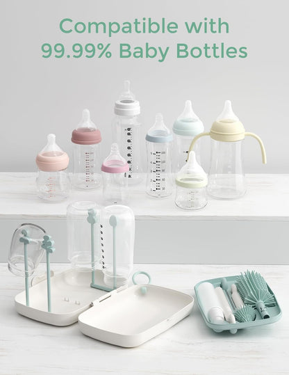 Momcozy Bottle Brush Set - Baby Bottle Cleaner Kit with Silicone Brush, Nipple Brush, Straw Brush, Soap Dispenser, Drying Rack - 7 in 1 Bottle Cleaning Tool for Home and Travel, Green