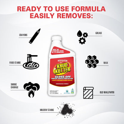 Krud Kutter Gloss-Off Prepaint Surface Preparation Cleaner, 32 oz, No Sanding Liquid Deglosser for Cabinets, Trim, Doors and Furniture, Removes Dirt Grease and Gloss for Paint Adhesion