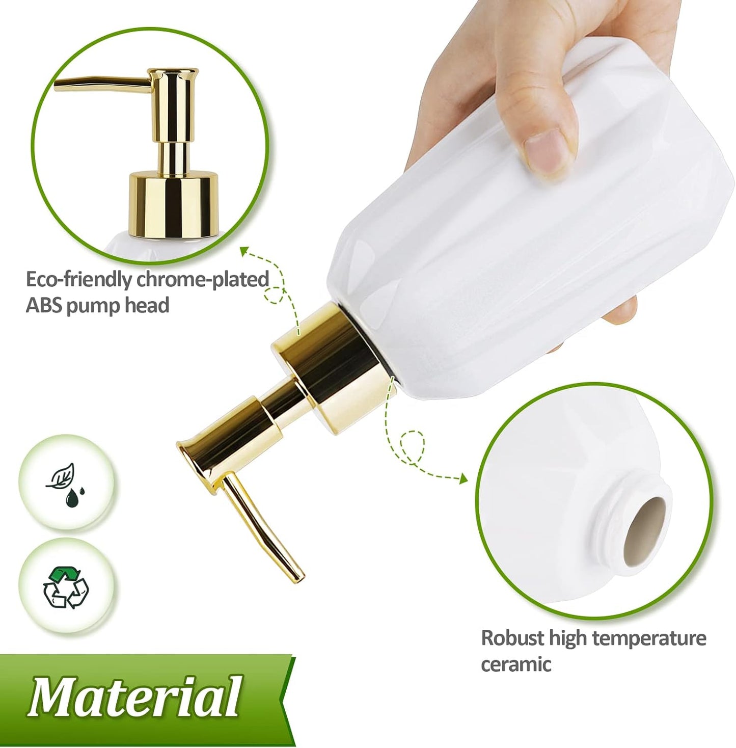 Natheeph Dish Soap Dispenser, Hand Soap Dispenser Ceramic Bottle, Refillable Liquid Great for Kitchen Dish Soap, Hand Soap, Essential Oil & Lotion (Bright White)