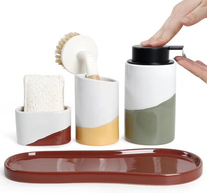 BosilunLife Kitchen Sink Caddy Set – 4-Piece Ceramic Soap Dispenser 12oz with Sponge & Utensil Holders on Drip Tray for Kitchen & Bathroom Countertop Organization (Liquid Pump)