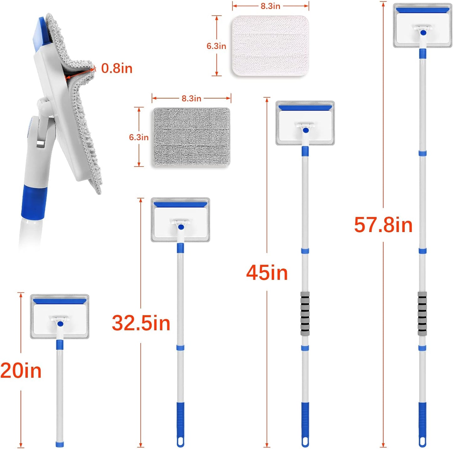 Baseboard Cleaner Tool with Handle, Wall Cleaner with Extendable Long Handle ,Door Frame Cleaning Tool Including 4 Reusable Cleaning Pads. Quick Clean Baseboard Cleaning, Ceiling and Wall.