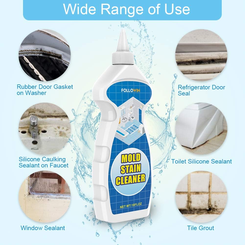 FOLLOWIN Mold and Mildew Remover Gel, Household Stain Cleaner for Washing Machine Seal, Bathroom Grout, Shower Tile, Kitchen Sink, Silicone Caulk - Non-Drip, Deep-Penetrating Formula, 16 oz