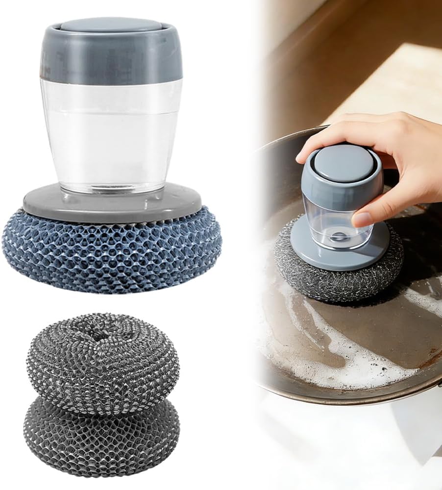 Comfort Grip Soap Dispensing Kitchen Scrub, 2026 New Dish Brush Soap Dispenser, Built-in Liquid Dispenser, with Replaceable Nylon/Wire Bristles (1 Steel Wire Brush + 2 Accessories)