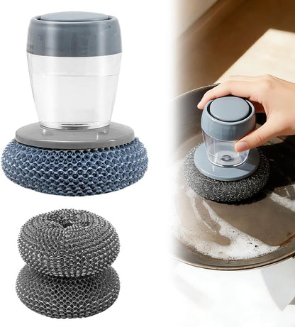 Comfort Grip Soap Dispensing Kitchen Scrub, 2026 New Dish Brush Soap Dispenser, Built-in Liquid Dispenser, with Replaceable Nylon/Wire Bristles (1 Steel Wire Brush + 2 Accessories)