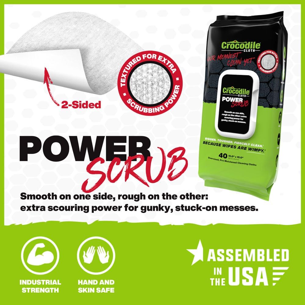 Crocodile Cloth PowerSCRUB Cleaning Wipes – 80 (15" x 10") Dual-Surface Cloths, Heavy-Duty, Moist, Absorbent, & Disposable - Safe on Skin & Multiple Surfaces