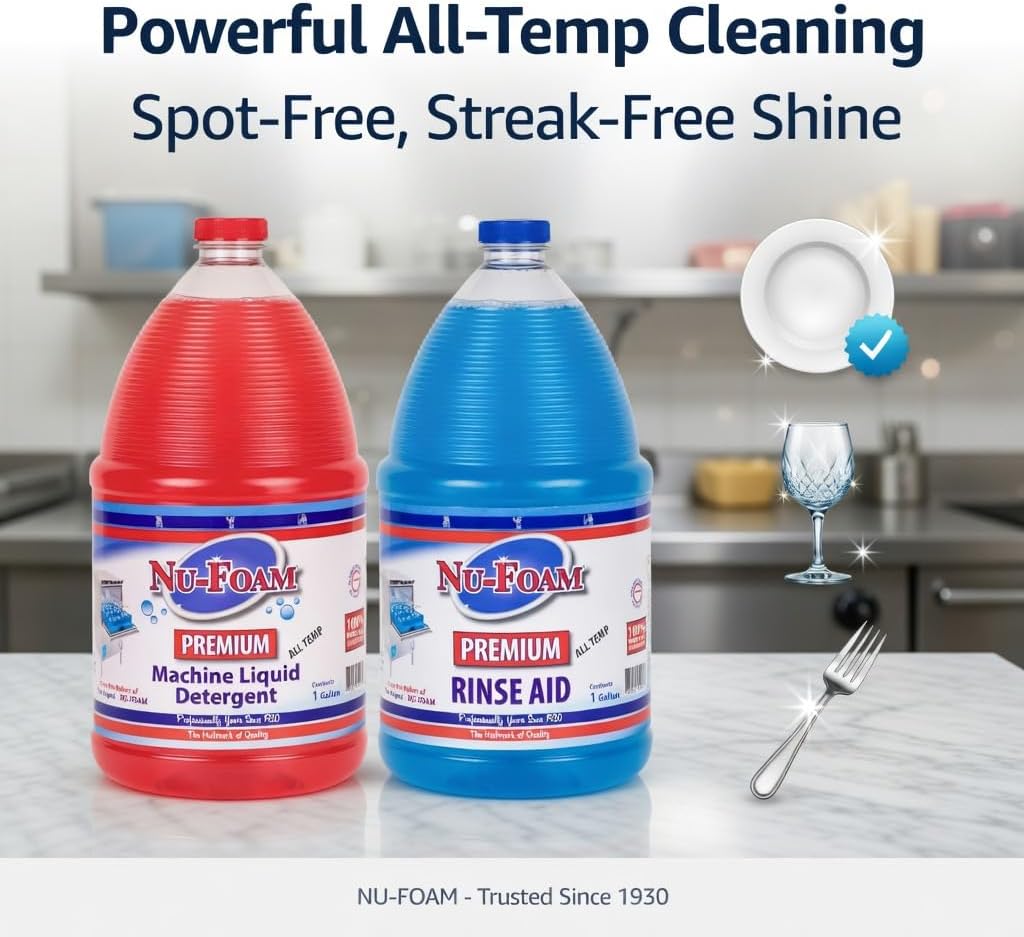 Nu-Foam Premium Commercial Dishwasher Detergent and Rinse Aid Set, 1 Gallon Each