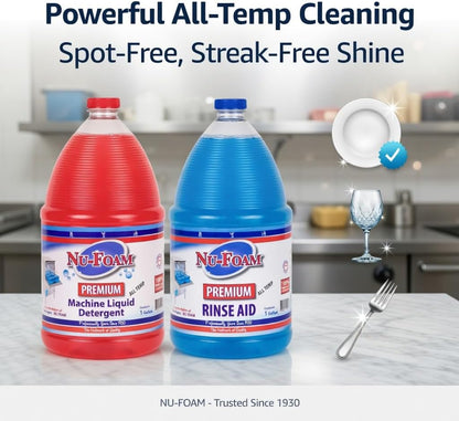 Nu-Foam Premium Commercial Dishwasher Detergent and Rinse Aid Set, 1 Gallon Each