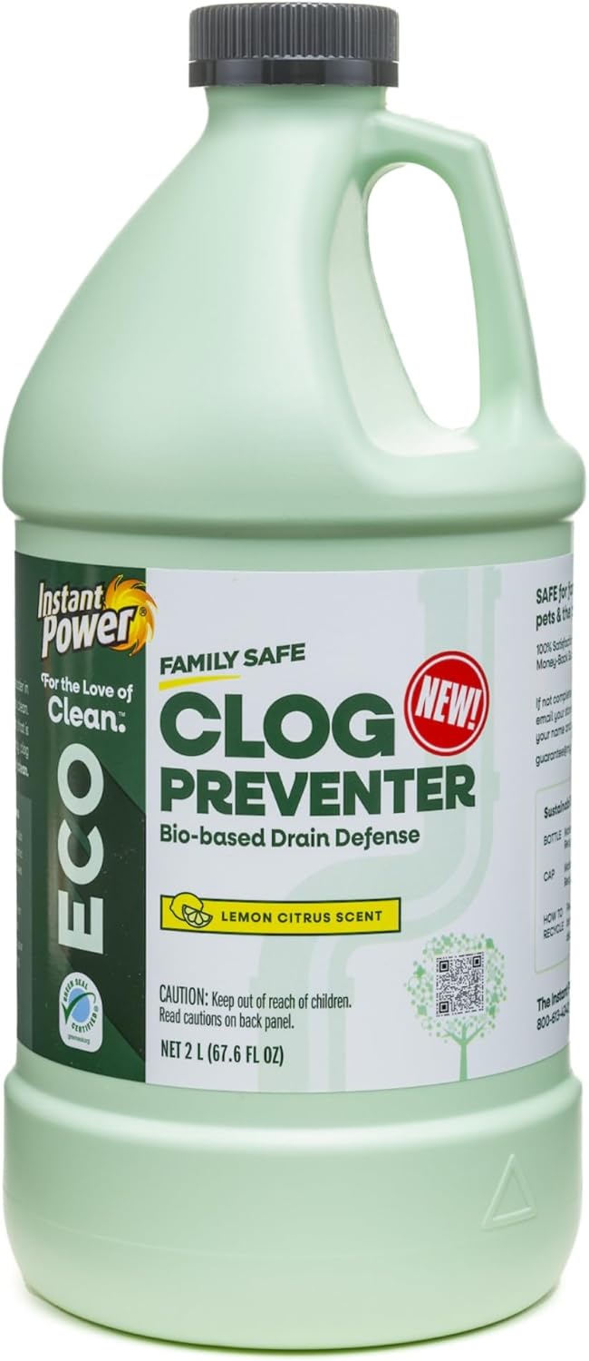 Instant Power Eco Clog Preventer - Enzyme Drain Cleaner Liquid and Deodorizer for Sink, Shower, Toilet, Garbage Disposal Cleaner, Bio-Based Drain Defense, Smell Remover and Odor Eliminator - 32 fl oz