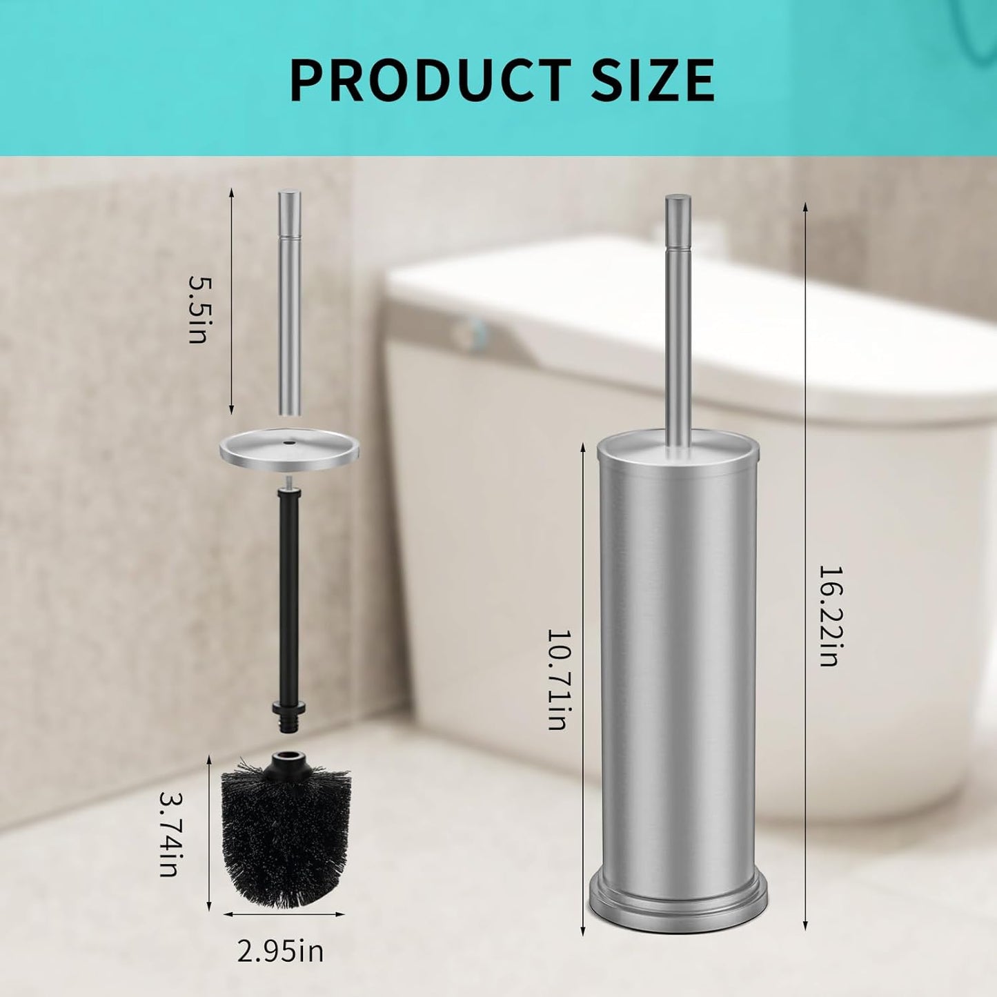 Chrome Toilet Brush and Holder Set,304 Stainless Steel Toilet Brush for Bathroom with Long Handle, Heavy Duty Toilet Bowl Brush,Removable Inner Bowl and Splash Protection,Deep Cleaning