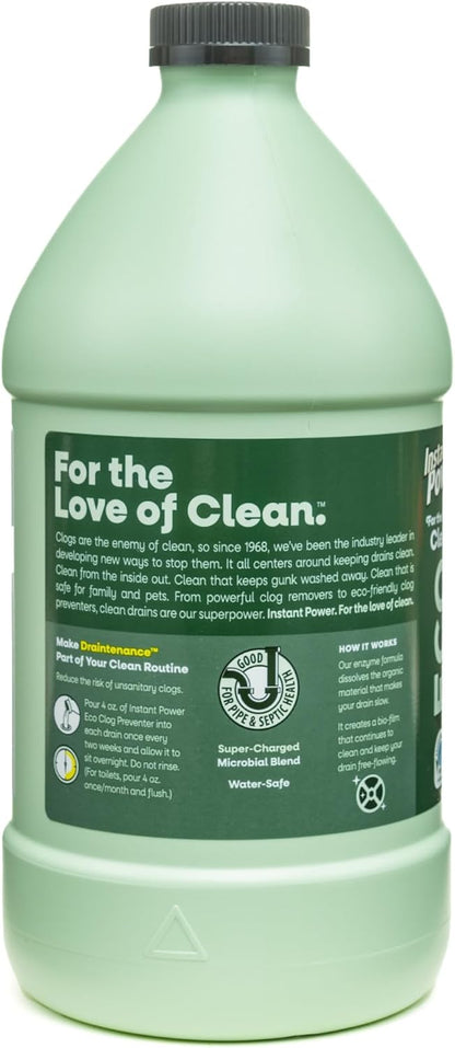 Instant Power Eco Clog Preventer - Enzyme Drain Cleaner Liquid and Deodorizer for Sink, Shower, Toilet, Garbage Disposal Cleaner, Bio-Based Drain Defense, Smell Remover and Odor Eliminator - 32 fl oz