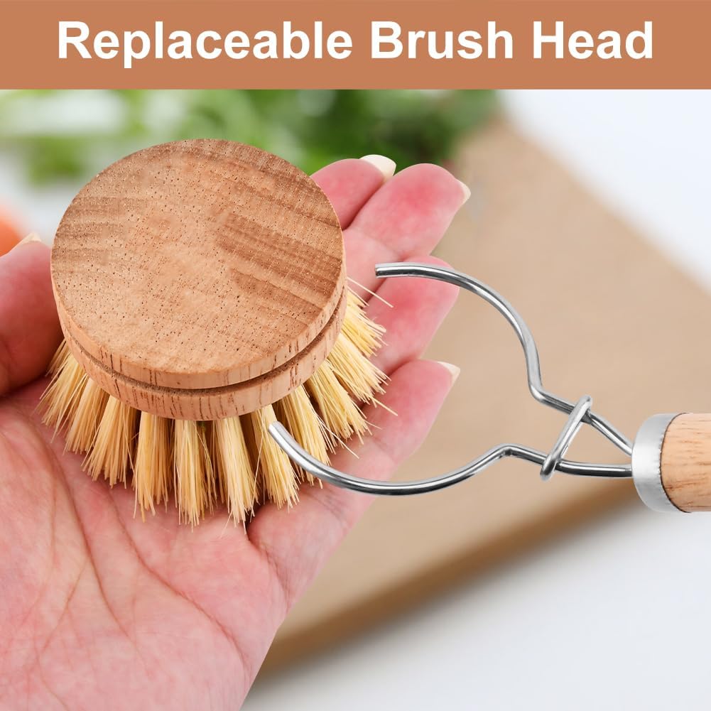 Bamboo Dish Brush Set, 1 Wooden Handle with 3 Natural Bristle Heads All Purpose Kitchen Scrub Brush with Sisal and Palm Horsehair for Cleaning Dishes Pans Vegetables(Color:Brown)