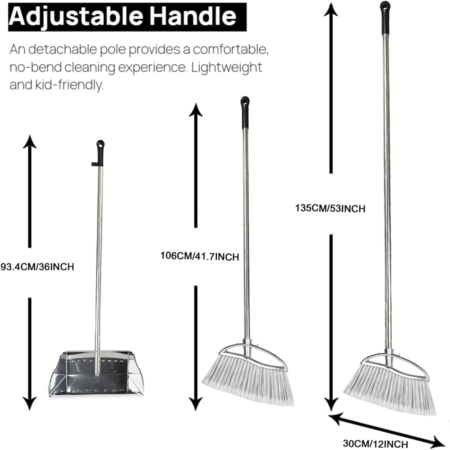 Indoor Broom and Dustpan Comb Set,Heavy Duty Stainless Steel Metal Dust Pan with Long Handle Sweeping Soft Bristles Broom for Floor Home Lobby Office