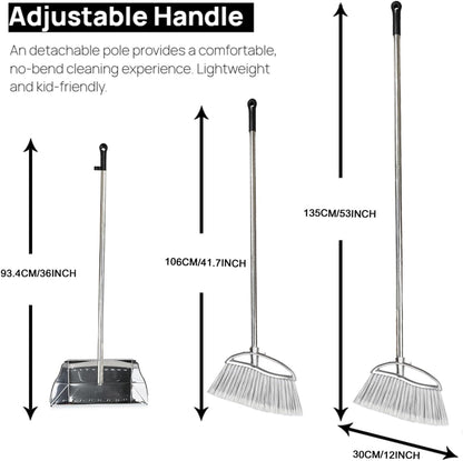 Indoor Broom and Dustpan Comb Set,Heavy Duty Stainless Steel Metal Dust Pan with Long Handle Sweeping Soft Bristles Broom for Floor Home Lobby Office