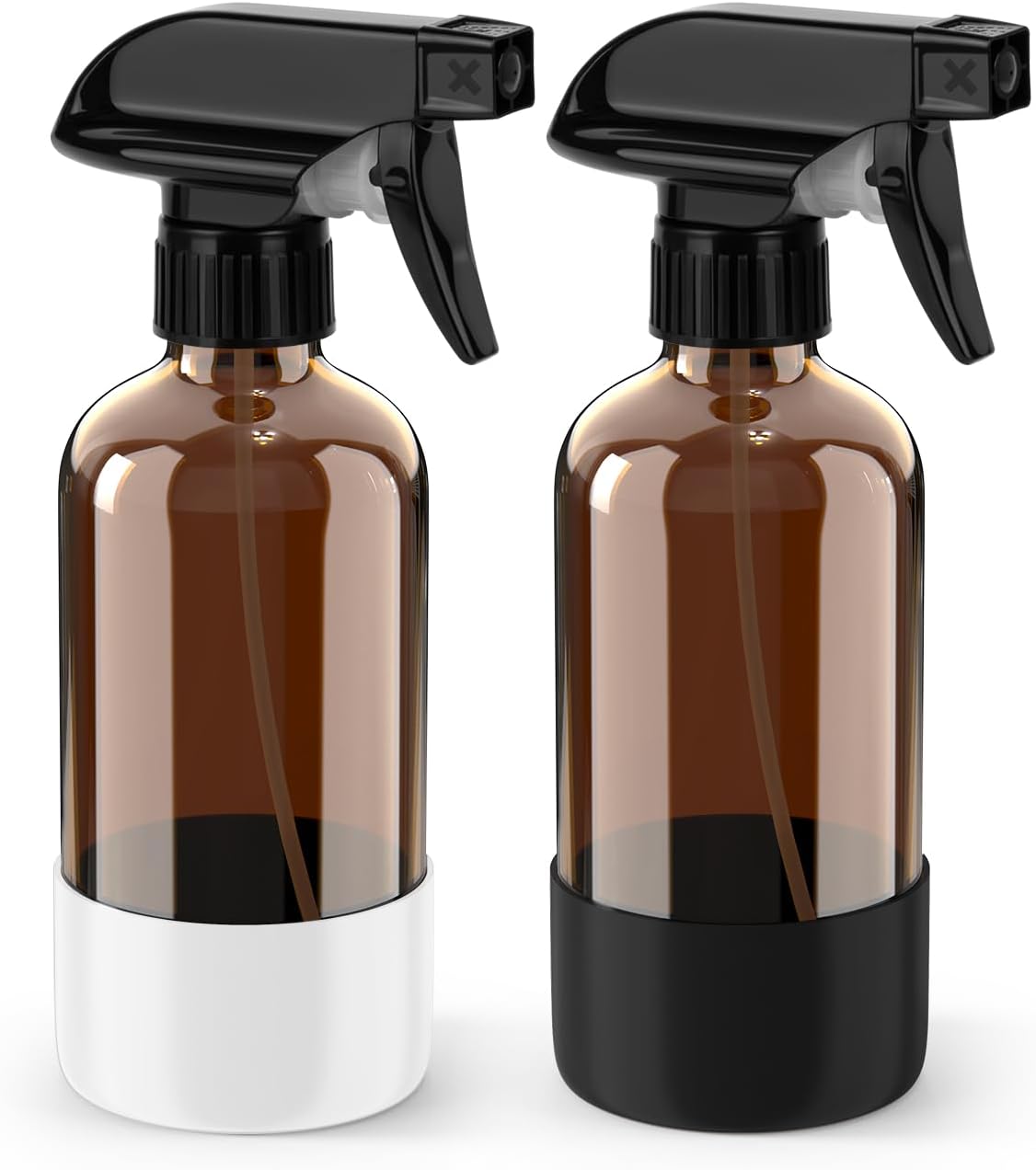 Bontip Glass Spray Bottle with Silicone Sleeve Protection, Amber Glass Spray Bottle Set for Window Cleaner Aromatherapy Facial Hydration Watering Flowers Hair Care 2 Pack/16 oz (Black & Brown)