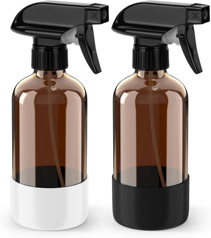 Bontip Glass Spray Bottle with Silicone Sleeve Protection, Amber Glass Spray Bottle Set for Window Cleaner Aromatherapy Facial Hydration Watering Flowers Hair Care 2 Pack/16 oz (Black & Brown)