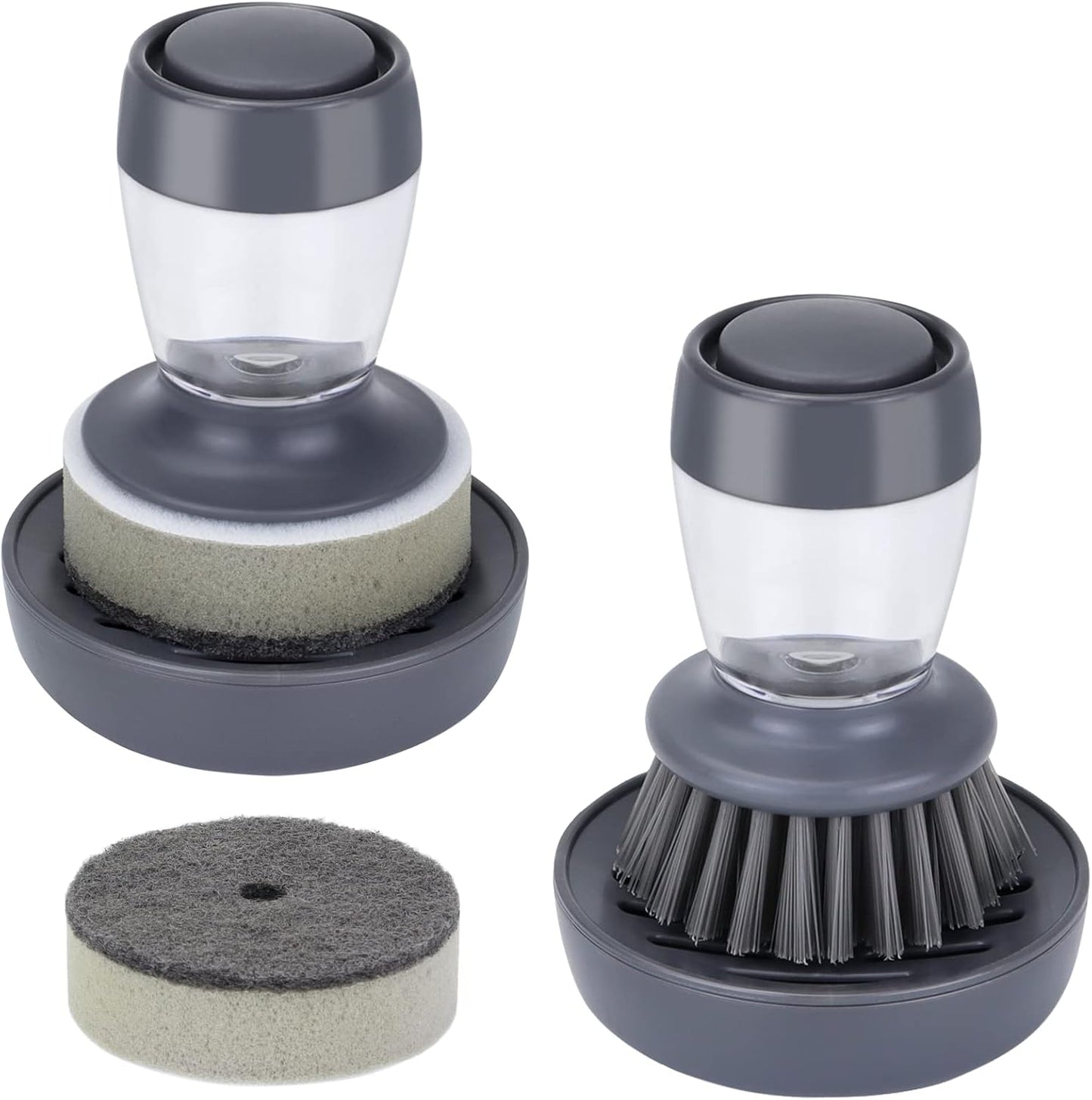 DAPOWER Dish Brush with Soap Dispenser, Kitchen Scrub Brush for Dishes Pots Pans Sink Cleaning, Dish Scrubber with Holder Set (Grey 2-Pack Combo Set)