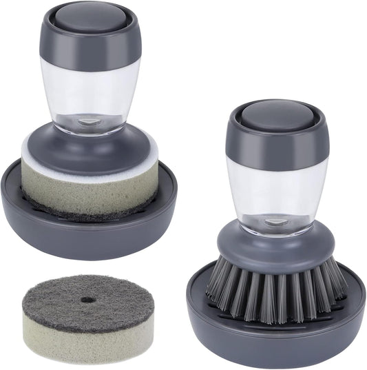 DAPOWER Dish Brush with Soap Dispenser, Kitchen Scrub Brush for Dishes Pots Pans Sink Cleaning, Dish Scrubber with Holder Set (Grey 2-Pack Combo Set)