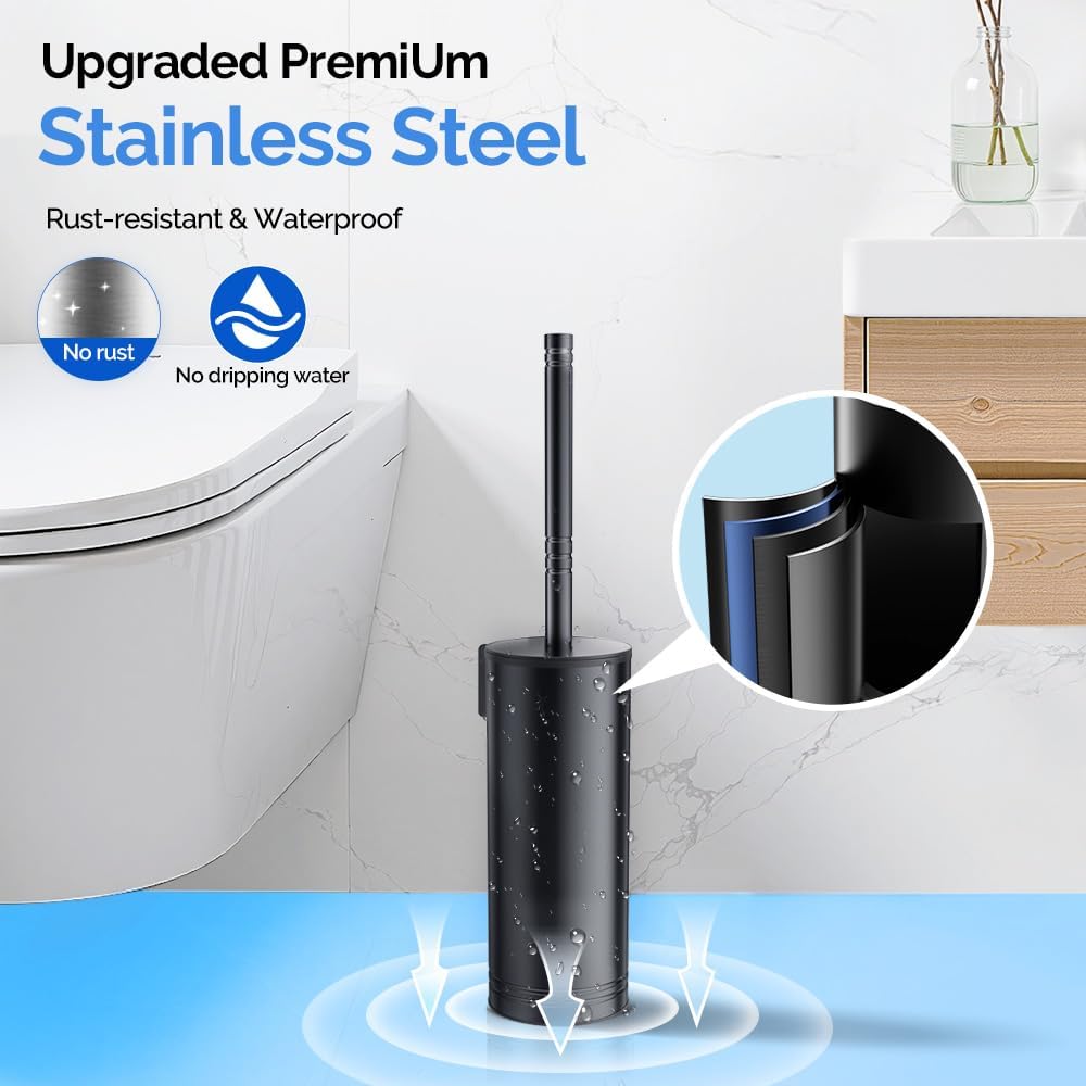 HAMITOR Toilet Brush and Holder Set: 304 Stainless Steel Heavy Duty Deep Cleaning Bowl Cleaner Brush with Curved Bristle - Space Saving Wall-Mounted for Home Apartment Bathroom Accessories Silver