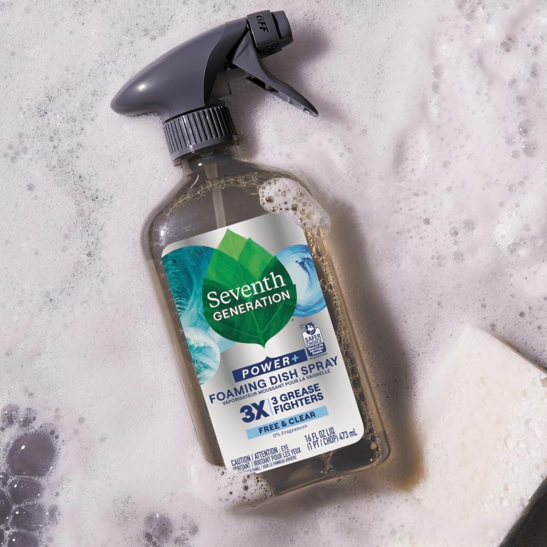 Seventh Generation Foaming Dish Spray, 3X Grease Fighters, Free & Clear, 16 Fl. Oz.