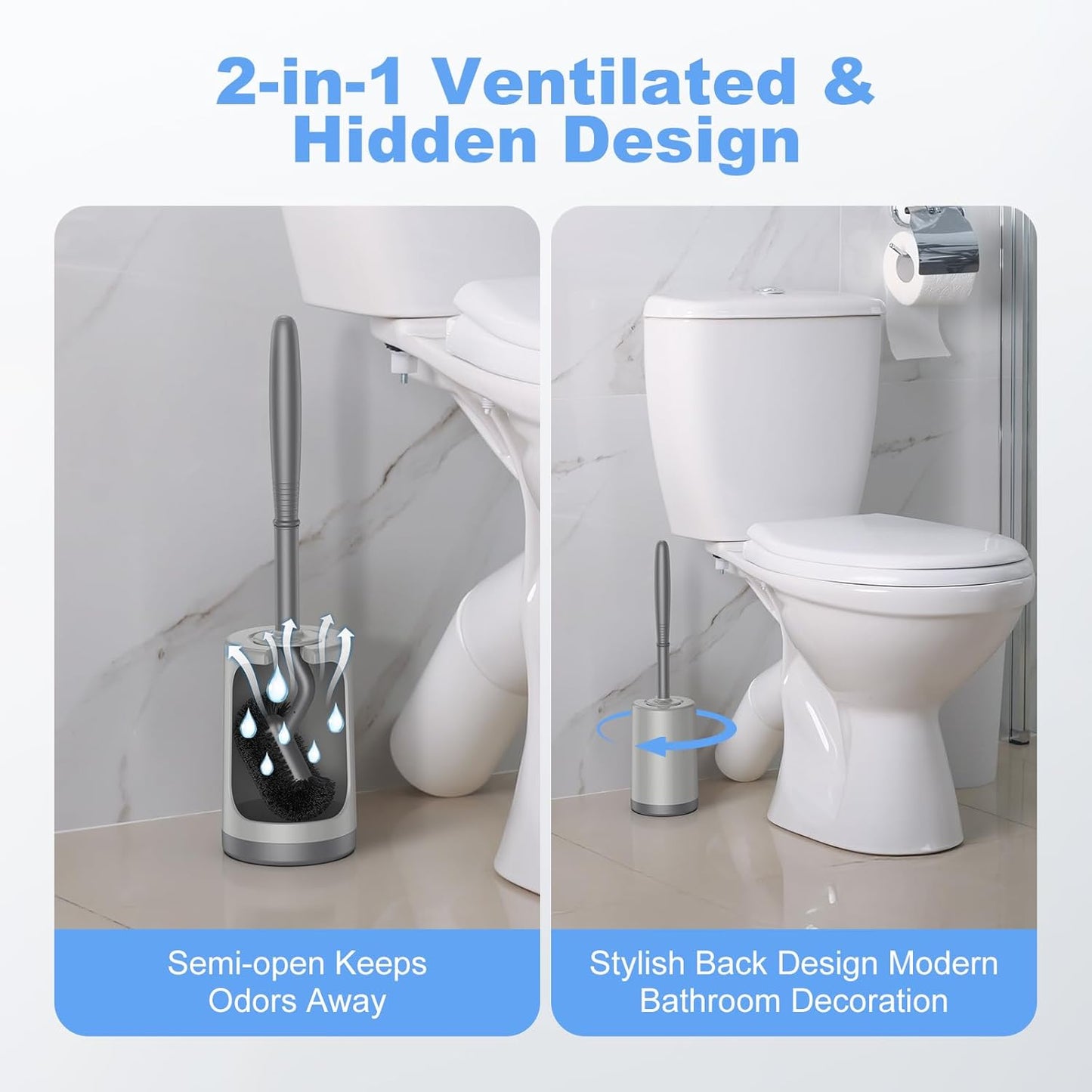 HAMITOR Toilet Bowl Brush Holder Set: Curved Design with Holder for Deep Cleaning Under Rim - Compact Hidden Scrubber for Small Space - Modern RV Bathroom Accessories - White 1 Pack