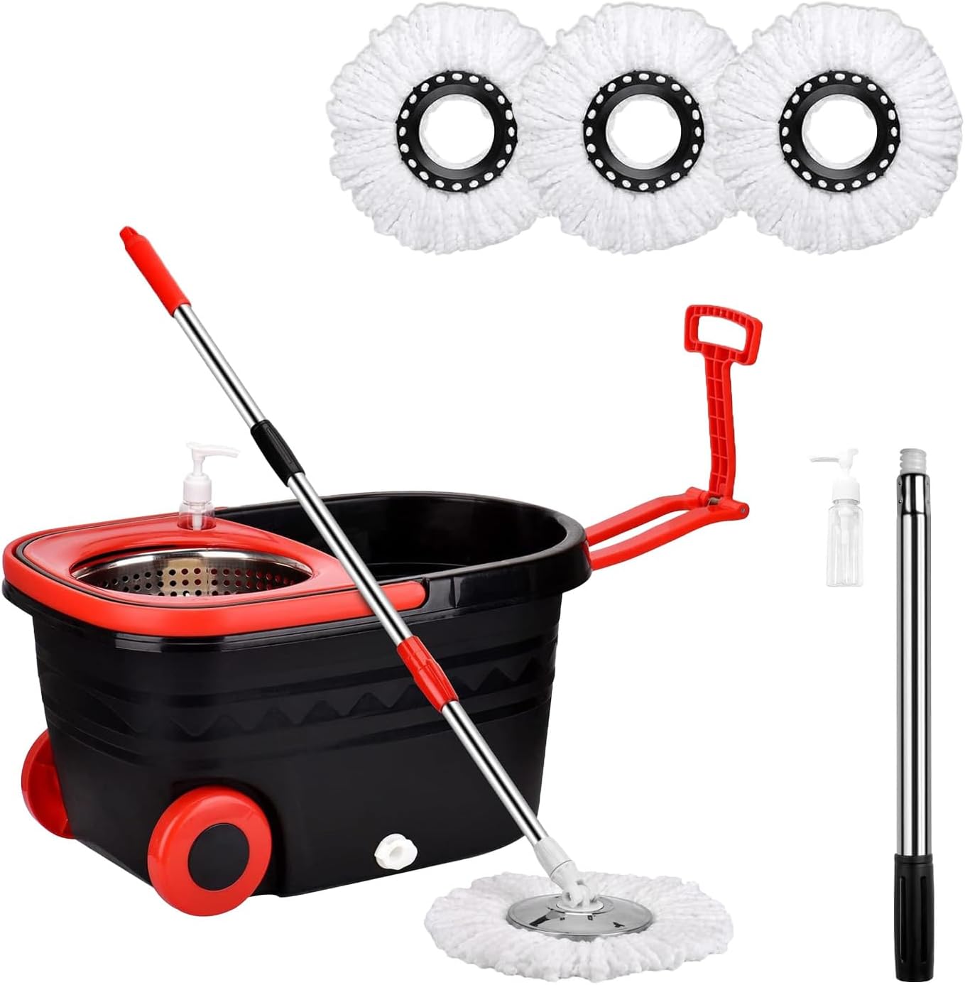Spin Mop and Bucket with Wringer Set,for Floor Cleaning,with Floor Scrub Brush,61" Adjustable Handle and 6 Microfiber Mop Head(White)