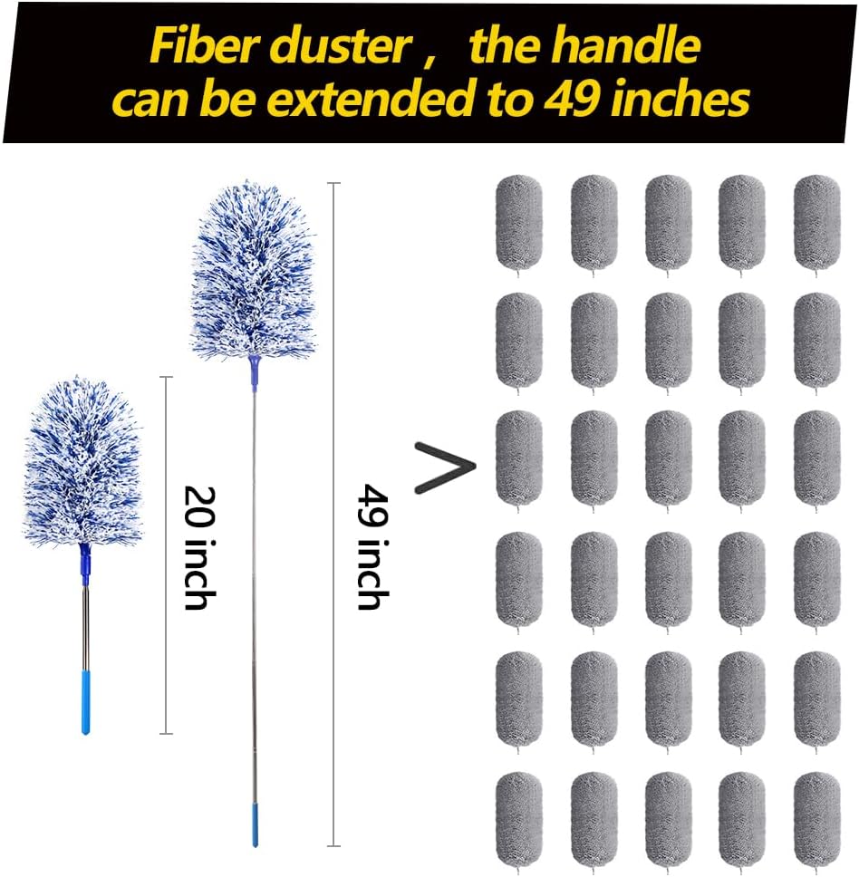 20-49inches Extendable Microfiber Feather Duster with 10pcs Replaceable Heads, Extra Long Bendable Duster for Cleaning, Electrostatic Dust Remove for Furniture, Ceiling, Window,etc (Navy Blue)