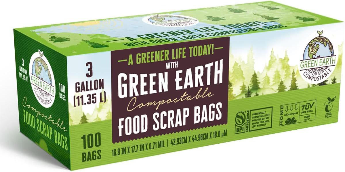 Green Earth Compostable Tall Kitchen Food Scrap Trash Bags, Superior Strength 0.9 Mil, Compost Bin Compatible, 13 Gallon, 49 Liter, 50-Count, ASTM D6400, BPI (US) & OK Compost Home (EU) Certified