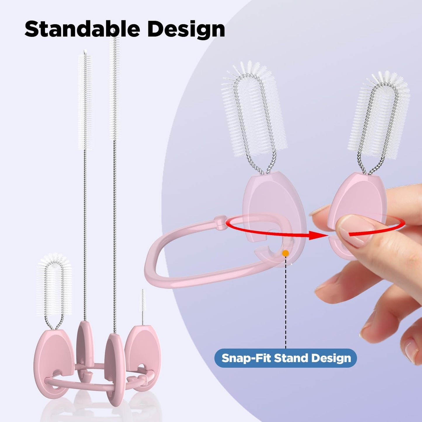 Straw Cleaner Brush Set for 𝗦𝘁𝗮𝗻𝗹𝗲𝘆, Baby Bottles and Sippy Cups,4 in 1 Standing & Hanging Cleaning Set with Holder Ring – Reusable Cleaner for Cup Lids, Spouts and More.(Purple)