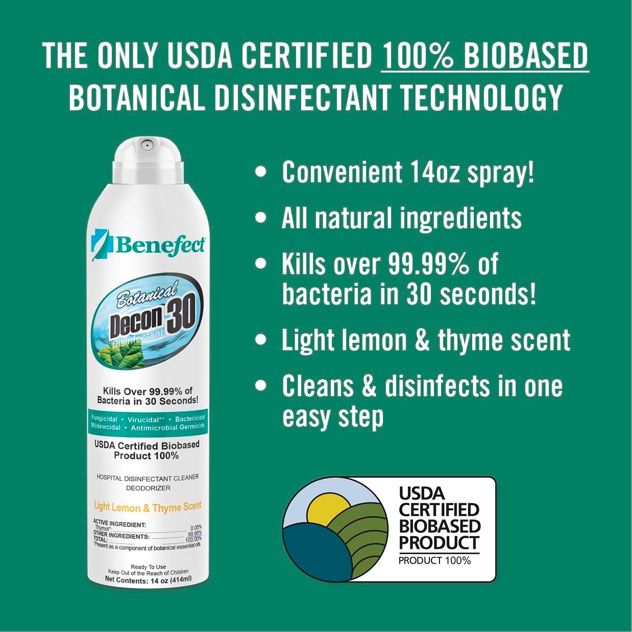 Benefect Botanical Decon 30 Disinfectant Cleaner, 4 oz. Spray Bottle, Light Lemon & Thyme Scent, Hospital Grade Disinfectant, Kills Over 99.99% of Germs, Safe for Food-Contact Surfaces (Pack of 4)