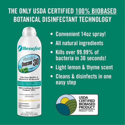 Benefect Botanical Decon 30 Disinfectant Cleaner, 4 oz. Spray Bottle, Light Lemon & Thyme Scent, Hospital Grade Disinfectant, Kills Over 99.99% of Germs, Safe for Food-Contact Surfaces (Pack of 4)