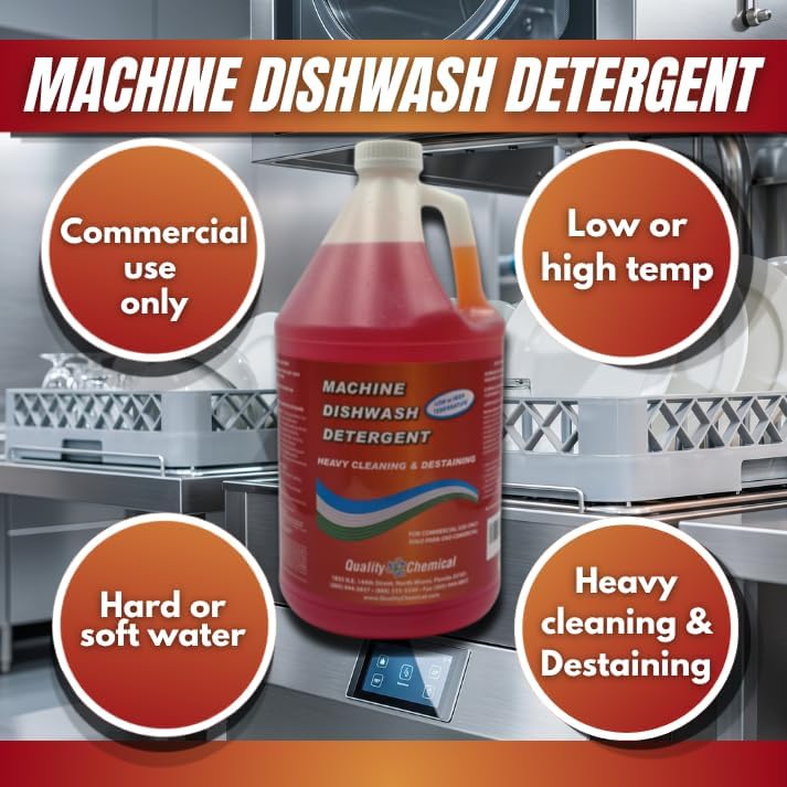Quality Chemical Heavy Duty Liquid Alkaline Commercial Dishwasher Detergent - Industrial-Grade Formula Dissolves Food Stains, Grease, Grime and Residue - No Pre-Rinse Needed - Ready-to-Use 128oz