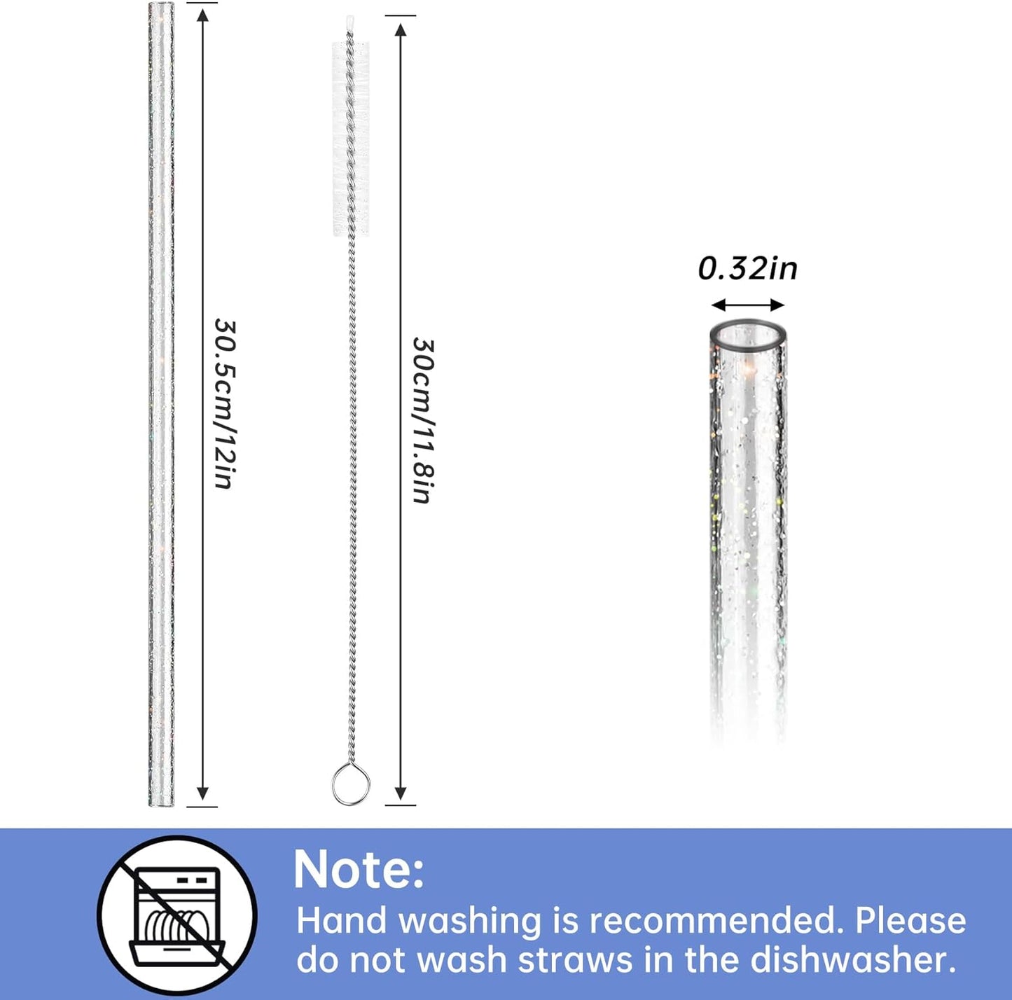 NiHome 12-Pack Glitter Replacement Straws for Stanley Tumbler 40OZ & 2 Cleaning Brushes Set, 12" Length BPA-Free Durable PETG Material for Various Beverages & Cups, Adds Sparkle to Your Drinks (Clear)