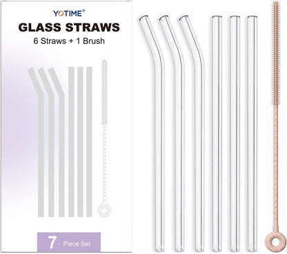 YOTIME 6-Pack Reusable Glass Straws Set, 8.5''x10MM, Set of 3 Straight and 3 Bent with 1 Silicone Cleaning Brush, Perfect for Smoothies, Juice, Milkshake and Coffee (Clear Straws, Pink Brush)