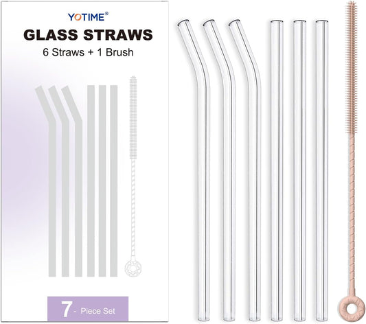 YOTIME 6-Pack Reusable Glass Straws Set, 8.5''x10MM, Set of 3 Straight and 3 Bent with 1 Silicone Cleaning Brush, Perfect for Smoothies, Juice, Milkshake and Coffee (Clear Straws, Pink Brush)