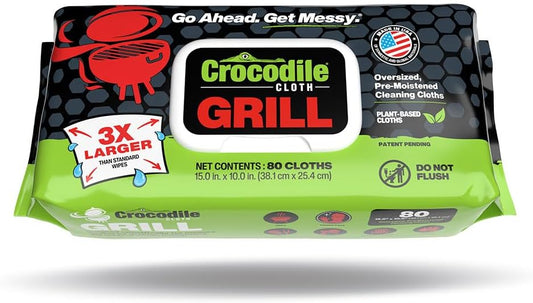 Crocodile Cloth Grill Wipes, 640 Count (8 Packs) – Extra-Large 15” x 10” Plant-Based Cleaning Cloths, Safe on Skin & Surfaces, Pre-Moistened with Aloe & Vitamin E