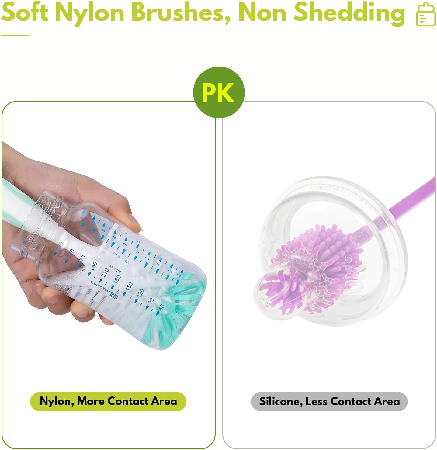 CAREBABYMORE 2 Pack Baby Bottle Brush with 4 Pack Straw Brushes, 10.2" Nylon Brushe with Nipple Cleaner and Stand Suction Cup (Gray)