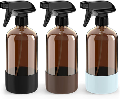Bontip Amber Glass Spray Bottle with Silicone Sleeve Protection, 16 oz Refillable Spray Bottles for Cleaning Solutions, Plants, Aromatherapy, Facial Hydration (1, Black, 16 oz)