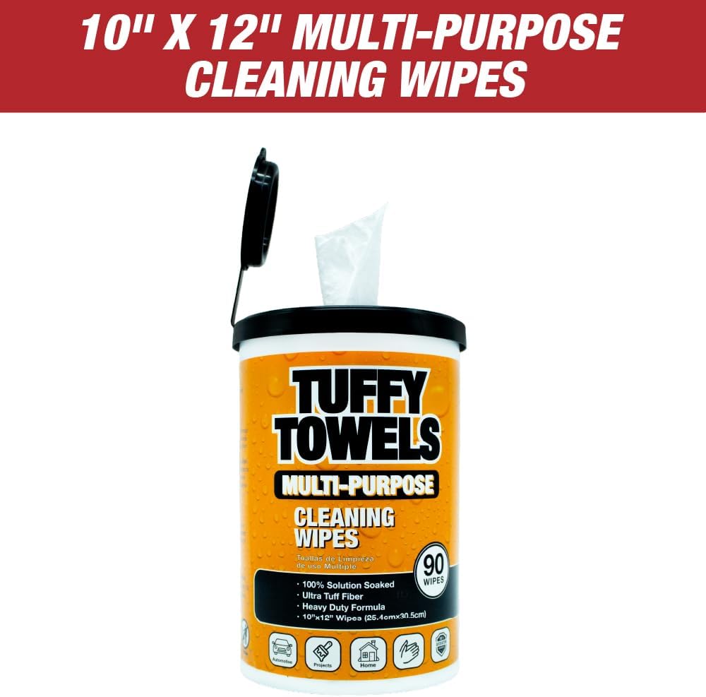 LAUCO Tuffy Scrub Cleaning Wipes – 90 Count (10" x 12") – Heavy Duty & Multi-Purpose Hand and Surface Towels for Industrial, Shop, Auto & Home Use (8 Pack, Multi-Purpose)