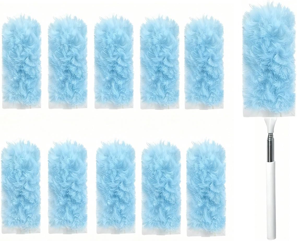 Heavy Duty Duster Refills, Disposable Dusters Kit for Cleaning Dusting Furniture Blind Ceiling Fan, Multi Surface 360 Feather Duster(10)+3FT Extended Handle（1） (Navy Blue)
