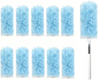 Heavy Duty Duster Refills, Disposable Dusters Kit for Cleaning Dusting Furniture Blind Ceiling Fan, Multi Surface 360 Feather Duster(10)+3FT Extended Handle（1） (Navy Blue)