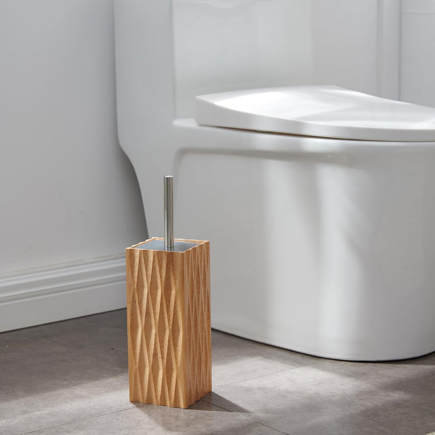 GOBAM Bamboo Toilet Bowl Cleaner with Holder for All Toilet Types - Hidden Stainless Steel Toilet Brush - Bathroom Cleaning Brushes - Toilet Accessories - Natural