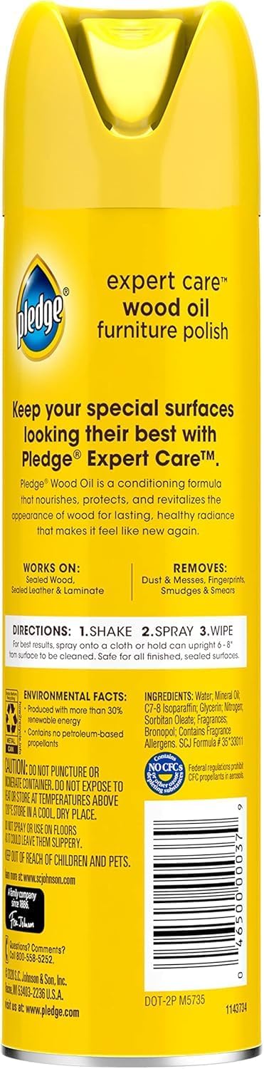 Pledge Moisturizing Wood Oil, Furniture Reviving and Protecting Conditioner and Dusting Spray, Revitalizes Wood, Sealed Leather and Laminate, Made with Mineral Oils - Amber & Argan Scent, 9.7oz