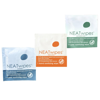 NEATwipes Hand Sanitizing Wipes | Travel Size | Disposable Wet Wipe & Planet Friendly | Lavender Essential Oil & Soothing Aloe | 24 Individually Wrapped Wipes per Package