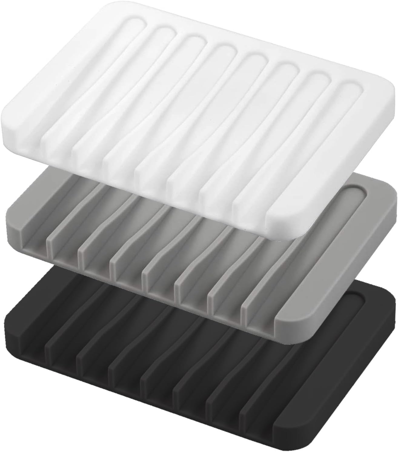 Self Draining Soap Dishes, 3 Pcs Silicone Soap Saver, Waterfall Drainer Soap Holder for Bathroom, Extend Soap Life, Keep Soap Bars Dry Clean & Easy Cleaning (White, Gray, Teal)